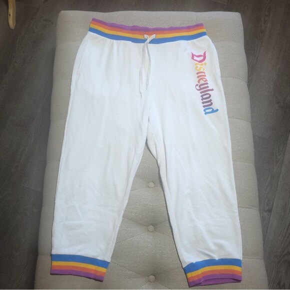 Disney Parks Disneyland Cropped Joggers Sweatpants Womens Large Rainbow Trim - Picture 1 of 10